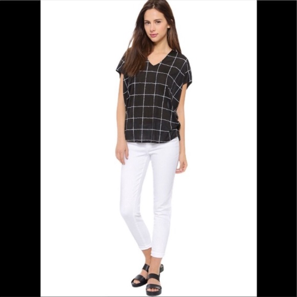 VINCE Black White Window Pane Pullover V Neck Tunic Blouse Short Sleeve Top S - Picture 8 of 8